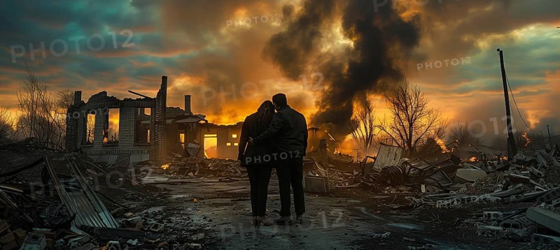 Couple embracing standing stunned gazing at the fire ruins of their home. generative AI, AI generated