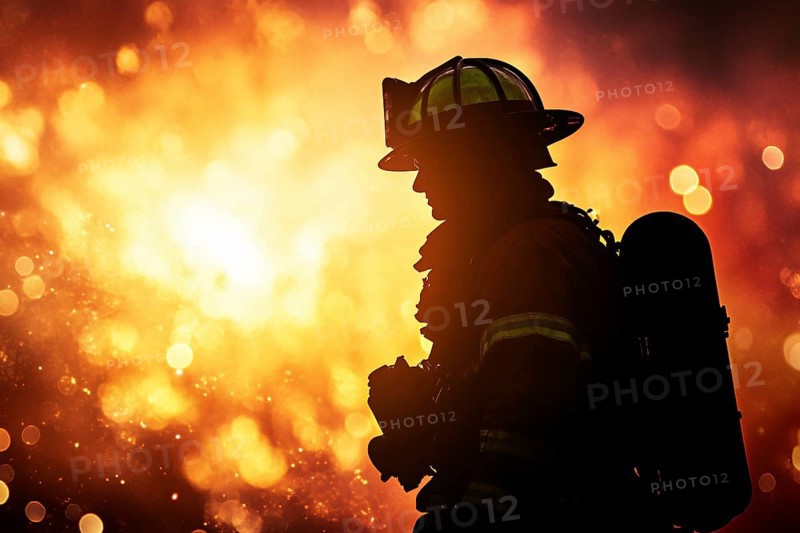 Male firefighter with burning fire in background. Generative AI, AI generated