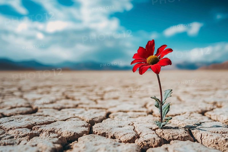 Single red flower growing in desert sand. Generative Ai, AI generated