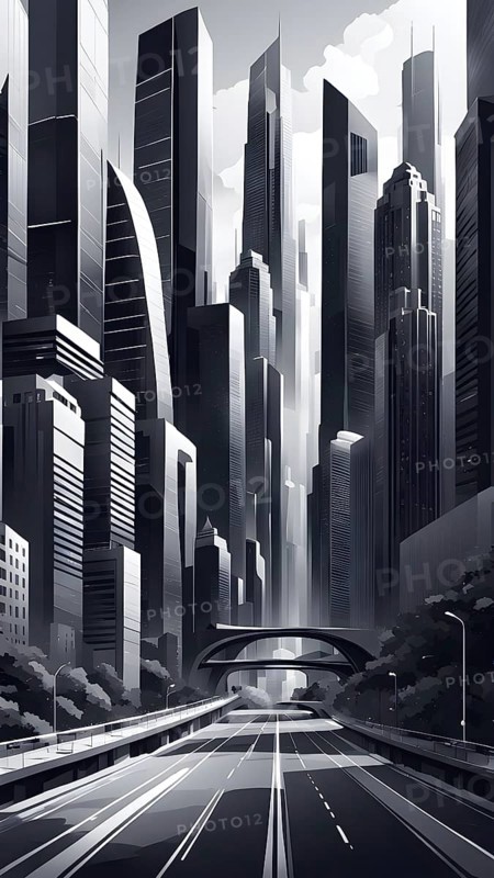Modern city skyline using clean lines and geometric forms, with rectangular buildings and smooth, curved roads in a monochromatic color palette of grey, black, and white, AI generated