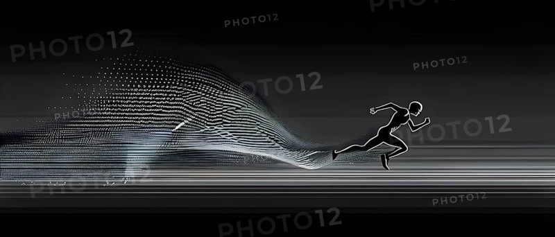 Wave of data points shaping into a runners silhouette, abstract illustration in black and white, conveying speed and precision guided by AI, AI generated