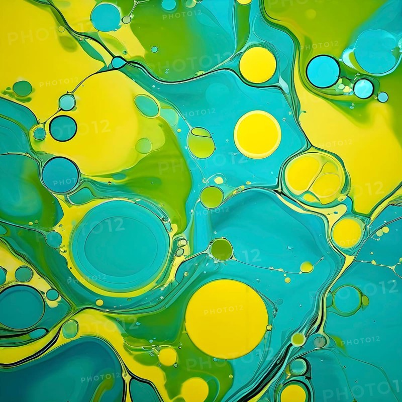 Abstract wallpaper with colorful blobs and liquid shapes on a green background, AI generated