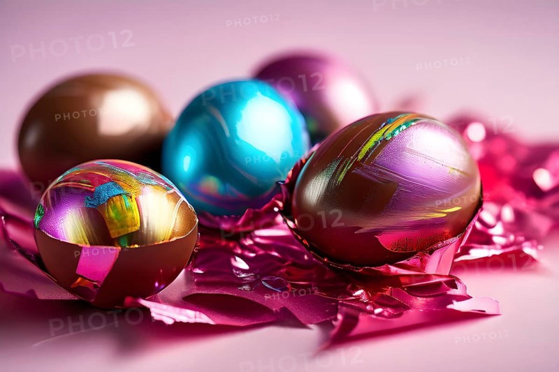 Small chocolate Easter eggs wrapped in shiny foil, placed on a bed of shredded pastel-colored paper, AI generated