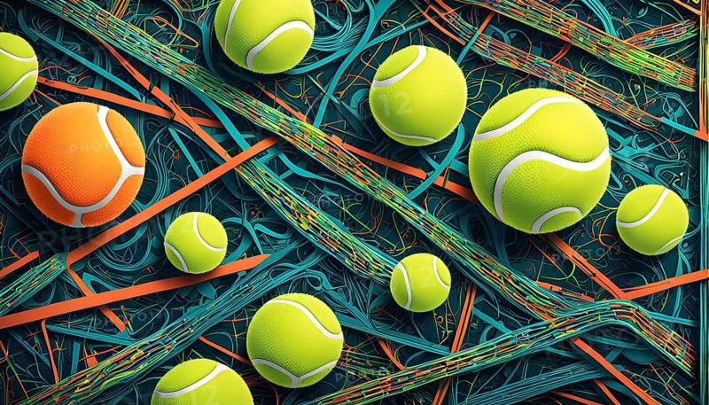 Vibrant mix of abstract circuitry intertwined with tennis balls, representing AI role in personalized sports training, AI generated