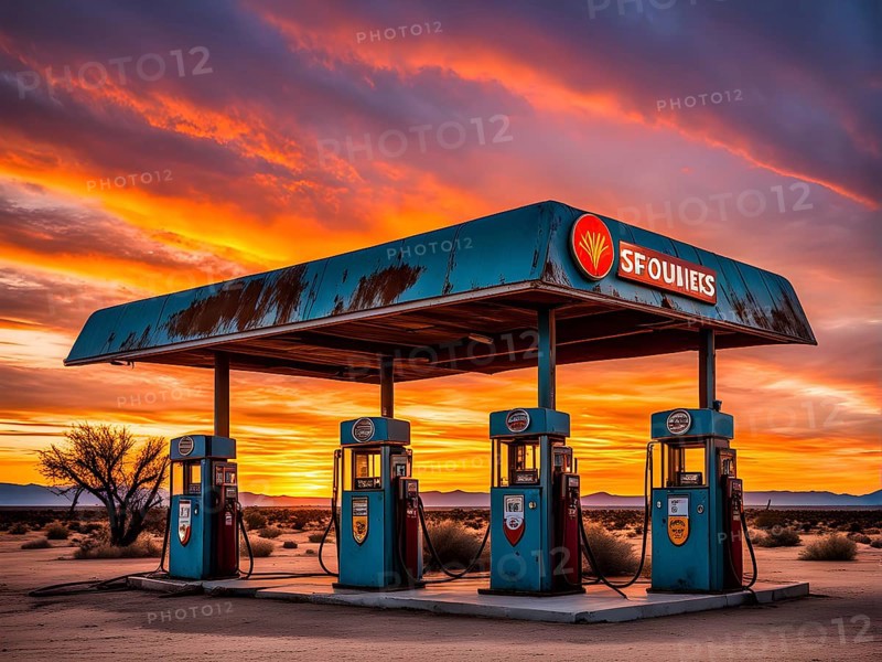 Abandoned retro gas station in the middle of a desert at sundown, with rusted gas pumps and an old sign, AI generated