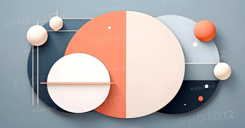 Minimalist composition of overlapping geometric shapes, such as circles, squares, and triangles, with clean lines and muted pastel colors, AI generated