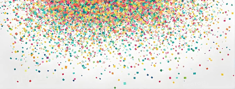 Abstract New Years Eve confetti explosion, with minimalist colored squares and circles falling through an empty white background, AI generated