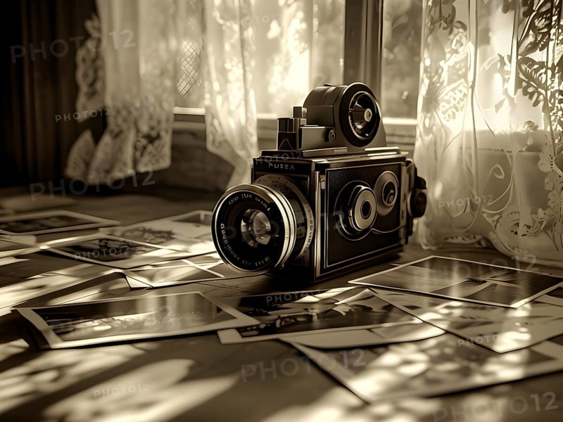 Vintage film camera surrounded by black and white photos in soft sunlight, AI generated