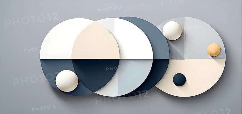 Minimalist composition of overlapping geometric shapes, such as circles, squares, and triangles, with clean lines and muted pastel colors, AI generated