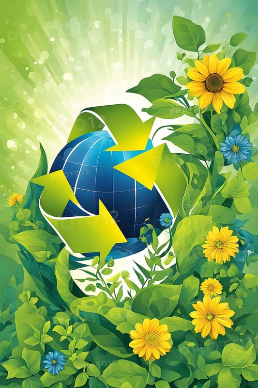 Recycling symbol morphing into growing plants and solar cells to symbolize the transformation of waste into renewable resources, AI generated