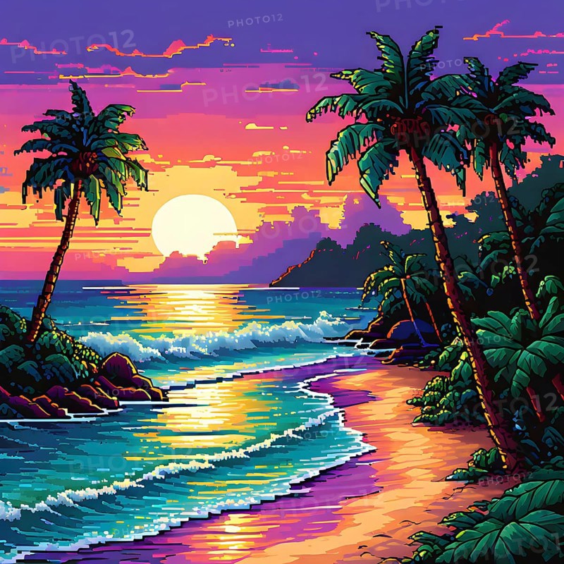 Pixel art illustration of a tropical island paradise with palm trees and sandy beach, AI generated