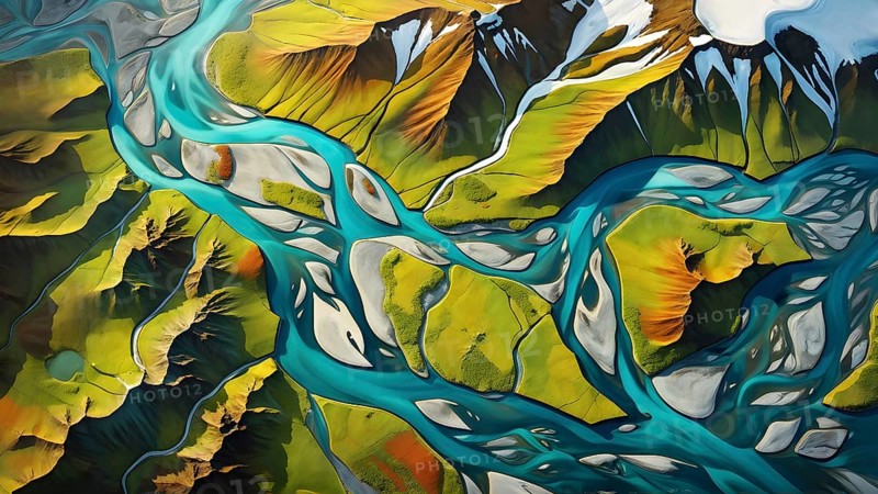Aerial view perpendicular top down of an abstract colorful river along the coastline, AI generated