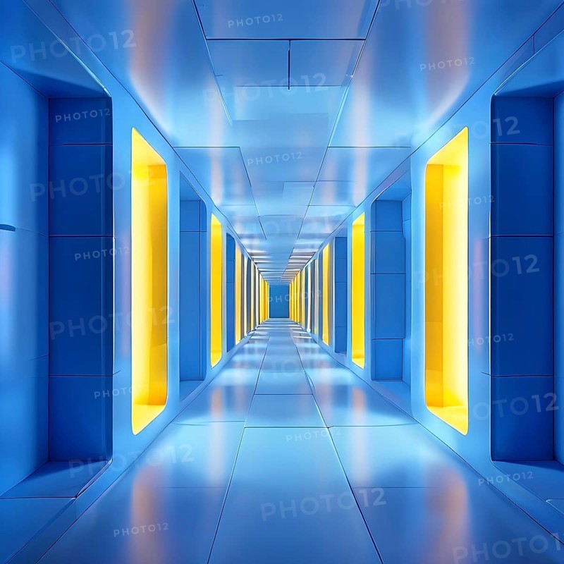 Windows aligned within an elongated tunnel permeated with gradients of blue and yellow hues, AI generated