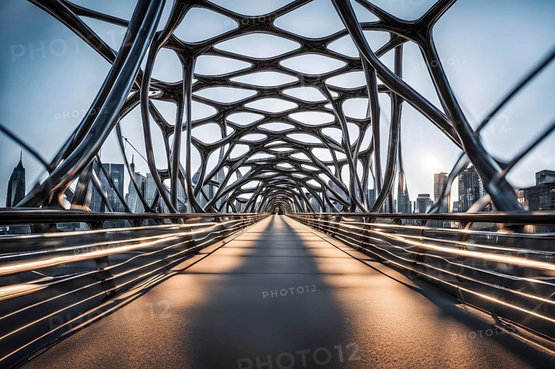 Modern bridge design of a network of interconnected shapes inspired by the structure of spider silk, AI generated