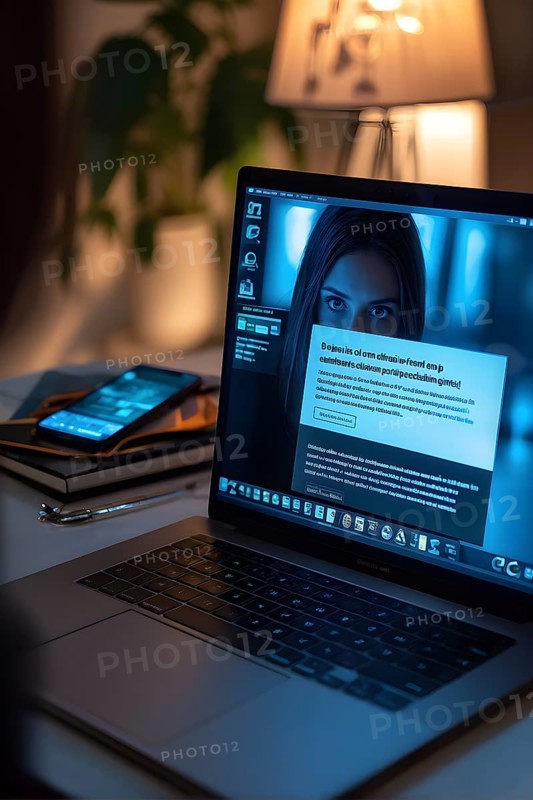 AI generated phishing email on an open laptop screen with cybersecurity warning popup blocking visible deceptive links