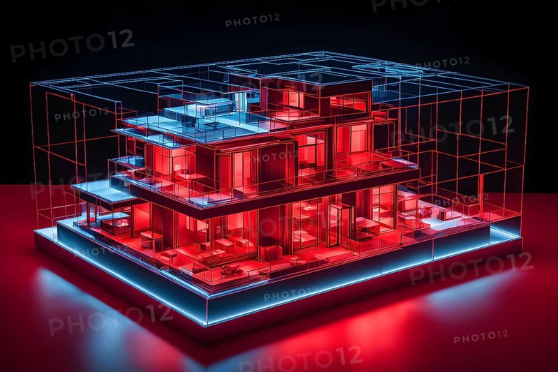 Hologram red modern house architecture wireframe on table, ai generated, AI generated