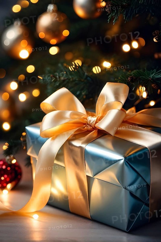 Close-up of a beautifully wrapped Christmas gift with a satin ribbon, set under a glowing Christmas tree, AI generated