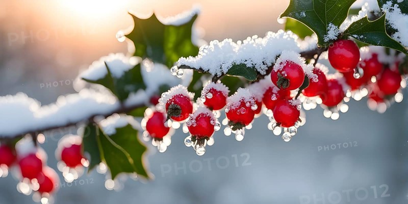 Frosty holly branch with vibrant red berries covered in delicate ice crystals, symbol for upcoming winter, AI generated