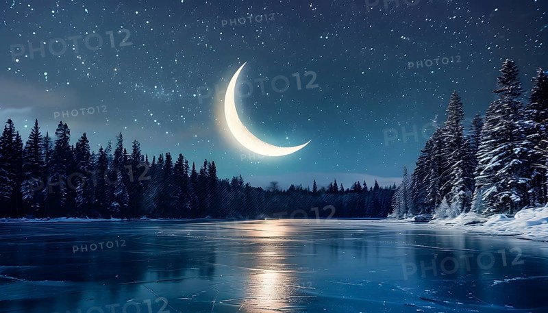Tranquil winter night scene with a crescent moon and stars shining brightly over a frozen lake, with a line of snow-covered pine trees reflected in the lake, AI generated