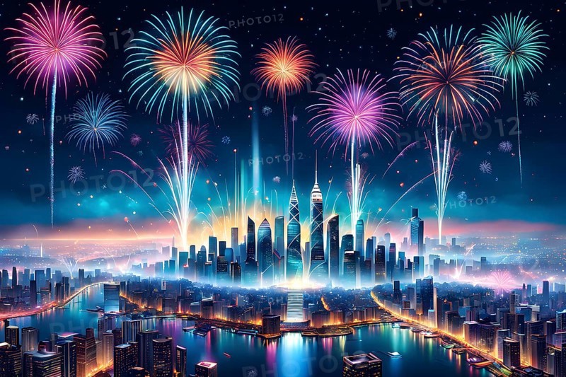 Wallpaper illustration of a cityscape on New Year's Eve, with glowing skyscrapers and floating holographic fireworks, blending a sense of festive atmosphere, AI generated