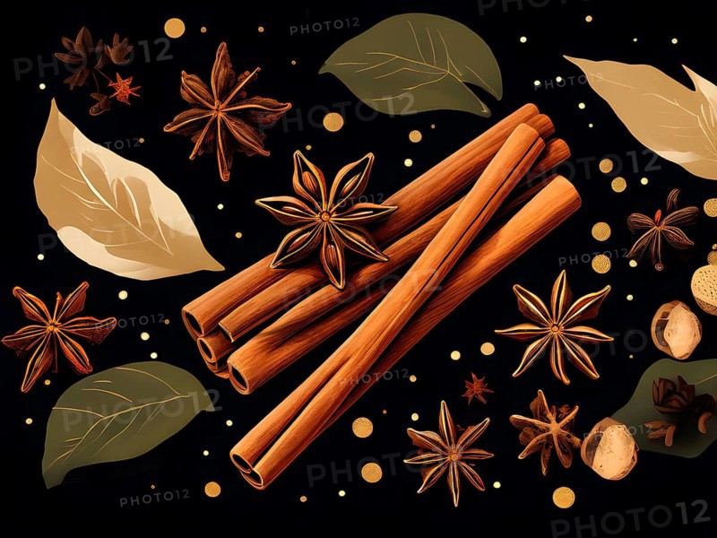 Abstract wallpaper illustration of Christmas spices like cinnamon sticks, star anise, and cloves, AI generated