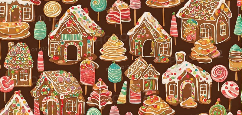 Abstract wallpaper illustration of of gingerbread house decoration, AI generated
