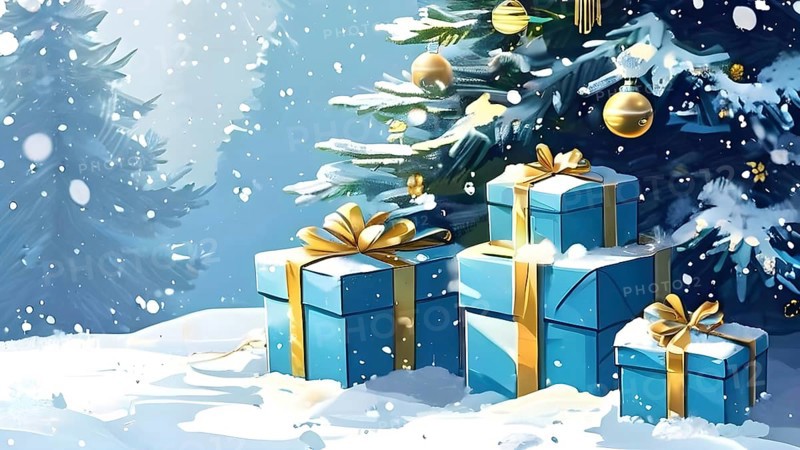 Abstract illustration of wrapped Christmas gifts, shiny ribbons and bows, stacked under a snow-dusted evergreen tree in a snowy outdoor setting, AI generated