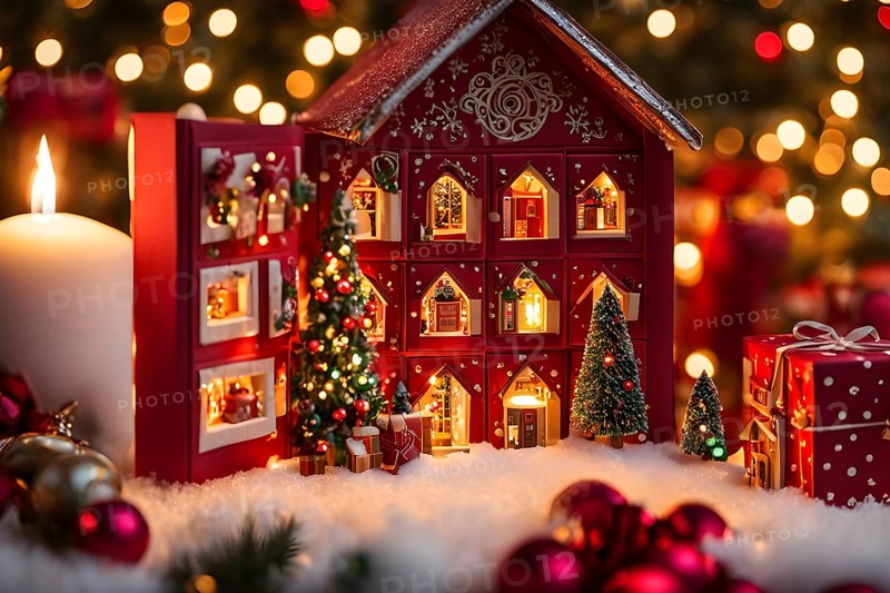 Traditional advent calendar door opening, showing a tiny festive scene inside with miniature decorations, AI generated