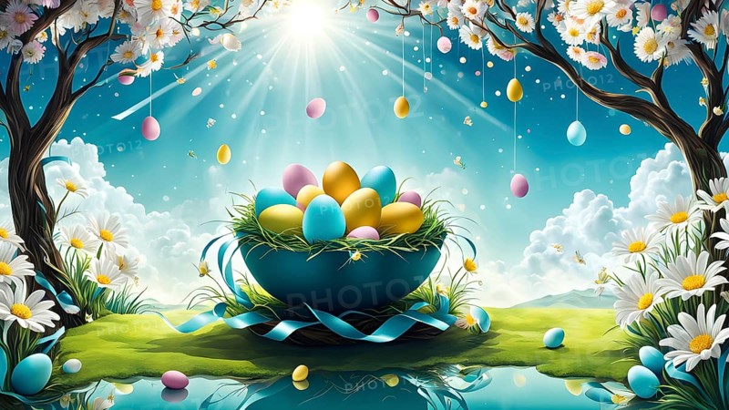 Surreal Easter scene with floating eggs, ribbons, and flowers in a dreamlike, whimsical composition of light and shadow, AI generated