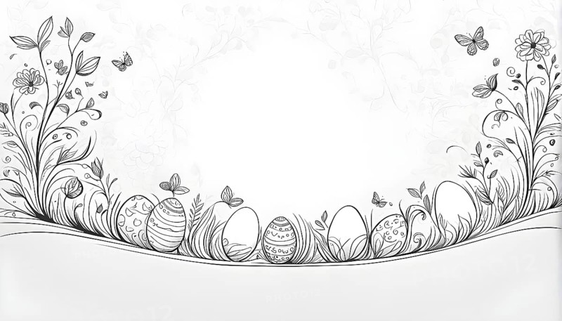 Abstract illustration of a Easter card with delicate hand-drawn illustrations, empty space for text, AI generated