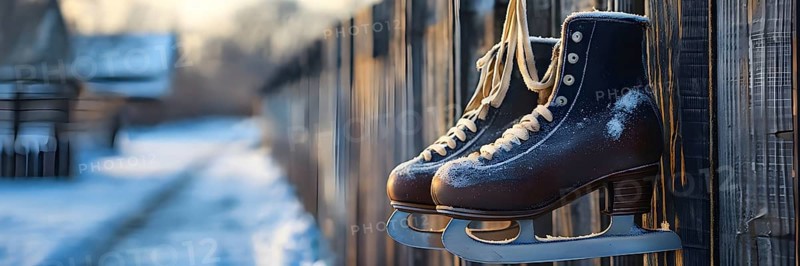 Pair of vintage ice skates hanging by their laces on an old wooden fence with frost and snow gently settled on the blades, AI generated