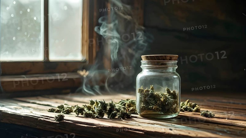 Glass jar filled with dried cannabis buds on a weathered wooden counter, AI generated