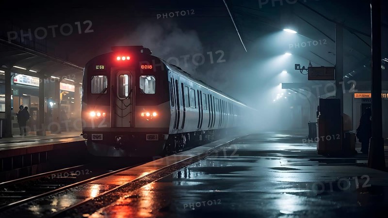 Nighttime train wash in a misty depot with water spray, AI generated