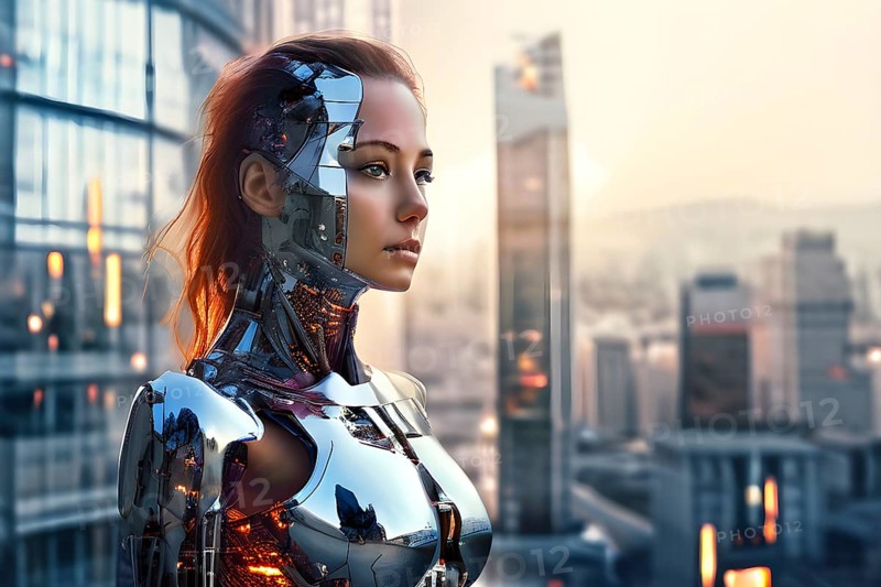 Digital representation of a multiple exposure photograph featuring a cyber human and an urban architecture, AI generated