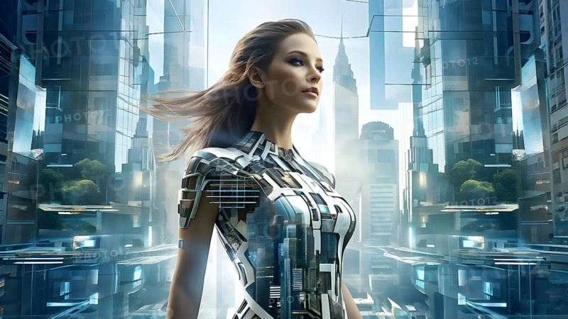 Digital representation of a multiple exposure photograph featuring a cyber human and an urban architecture, AI generated