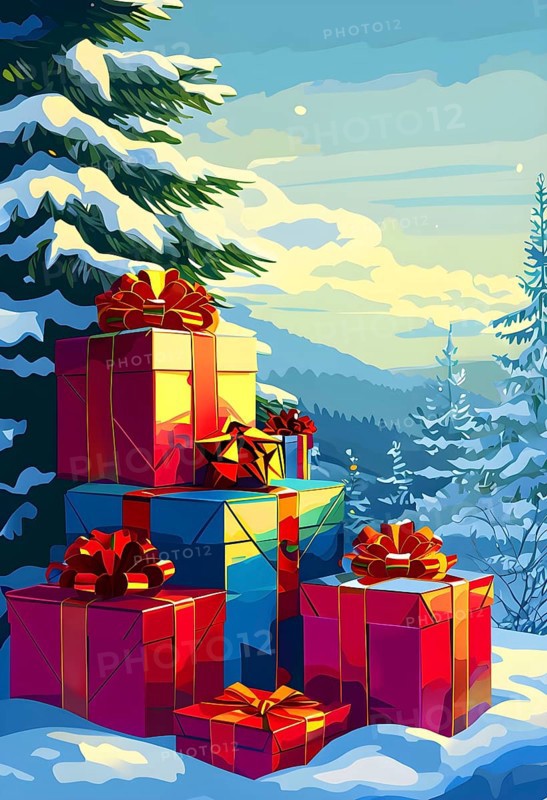 Abstract illustration of wrapped Christmas gifts, shiny ribbons and bows, stacked under a snow-dusted evergreen tree in a snowy outdoor setting, AI generated