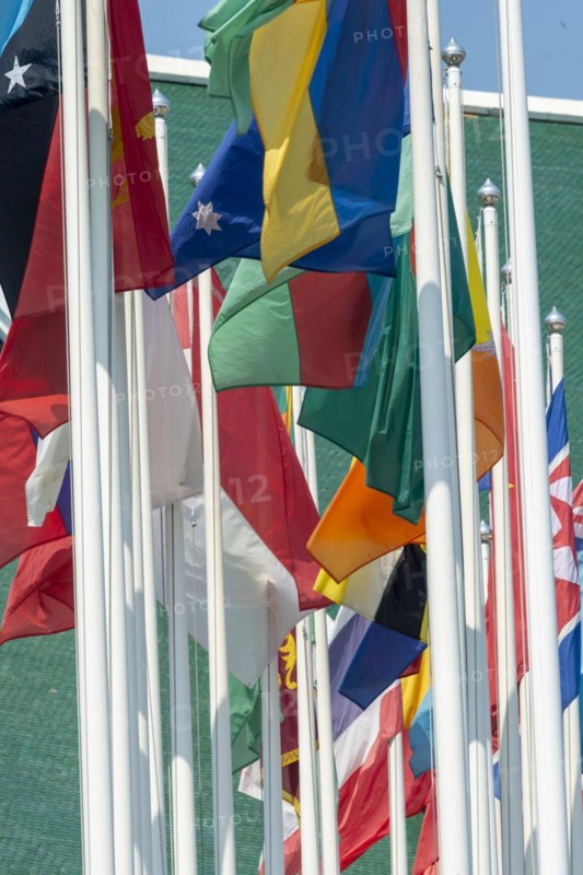 Many flags in front of the United Nations Conference Centre, Bangkok, Thailand, Asia