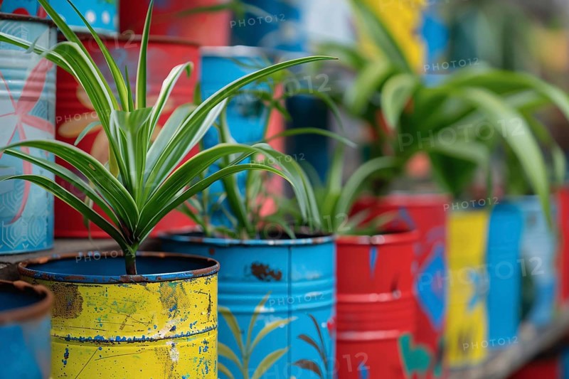 Concept for upcycling old tin cans as flower pots. Generative Ai, AI generated