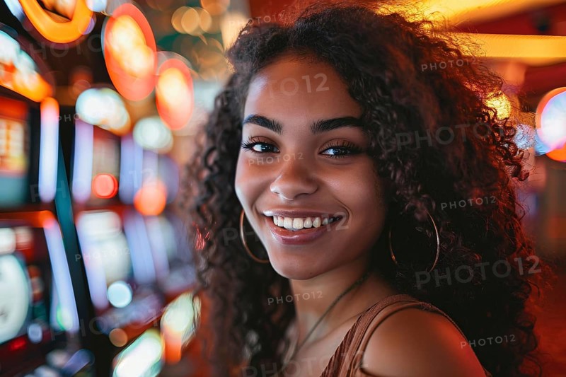 Happy woman with blurry colorful casino with slot machines in blurry background. Generative ai, AI generated