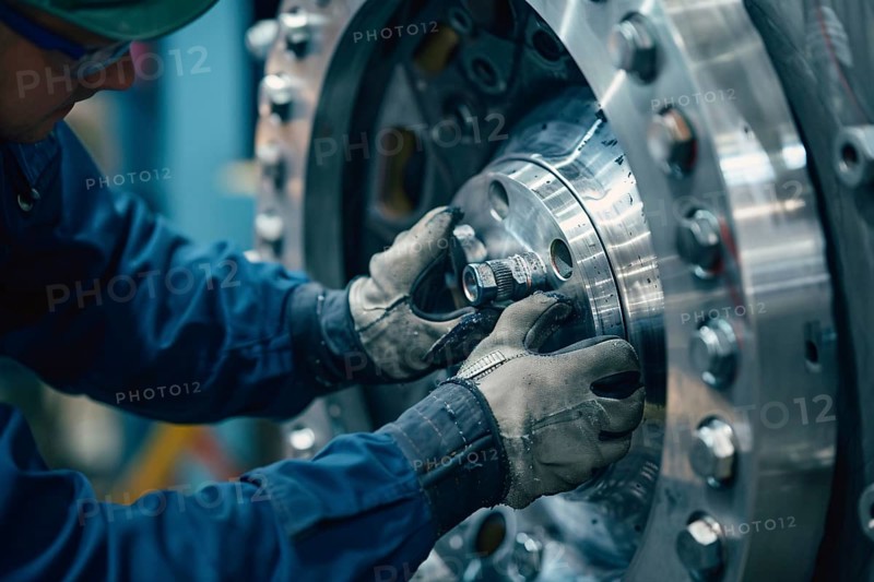 Person with gloves working on windmill part in factory. Generative Ai, AI generated