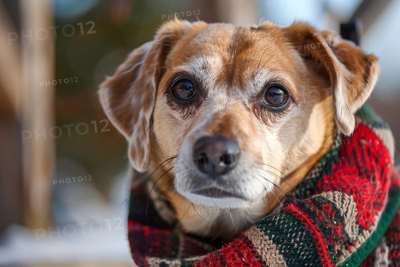 Close up of dog wrapped in warm knitted winter scarf. Generative AI, AI generated