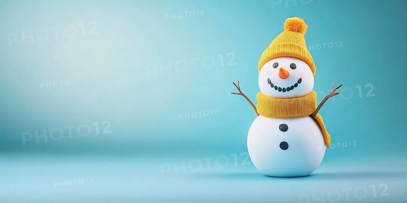 Cute snowman with knitted hatand scarf on blue background with copy space. Generative AI, AI generated