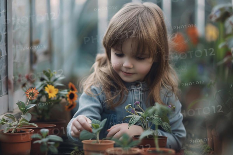 Child taking care of small plant seedlings in greenhouse. KI generiert, generiert, AI generated