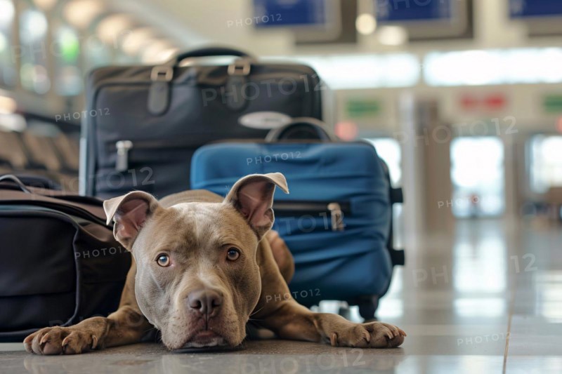 Traveling with a Pit Bull terrier. Dog with luggage in background at airport or train station. KI generiert, generiert, AI generated