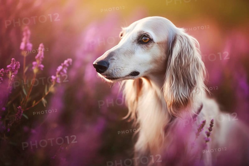 White Saluki dog between purple heather flowers. KI generiert, generiert AI generated