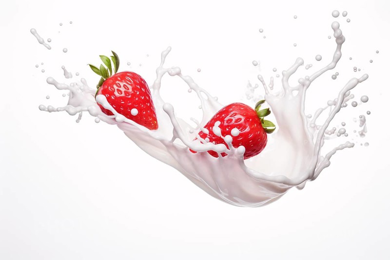 Strawberry fruits with yogurt or milk splash on white background. KI generiert, generiert, AI generated