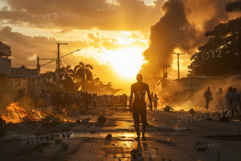 Fictitious street scene, angry, demonstrating people, burning buildings and street barricades, chaos, anarchy, escalation of violence, civil war-like conditions brought about by street gangs in Haiti in March 2024, AI generated, AI generated, AI generated
