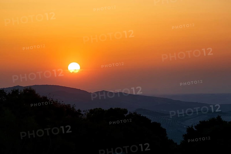 Sunset over mountain range, Sierras Subbeticas Natural Park, near Zuheros, Cordoba province, Cordoba, Andalusia, Spain, Europe