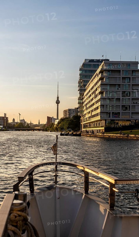 View from the Spree to an apartment building at the East Side Galery and the TV tower on the horizon, Mühlenstraße, Berlin, Germany, Europe