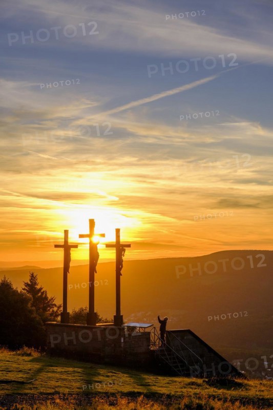 Sunset, crucifixion group, three crosses on the Kreuzberg in the Rhön, Kreuzberg near Bischofsheim, Rhön, Lower Franconia, Bavaria, Germany, Europe